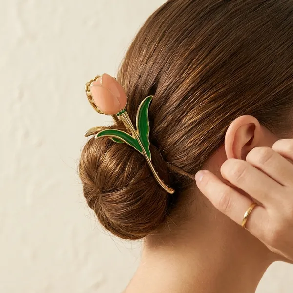 Gold_And_Green_Peach_Golden_Tulip_Hair_Claw_With_Leaf_Stone_For_Women