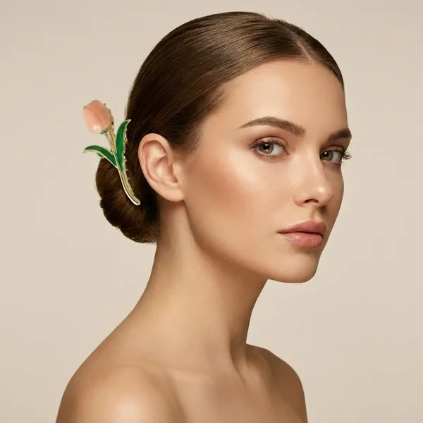 Gold_And_Green_Peach_Golden_Tulip_Hair_Claw_With_Leaf_Stone_For_Women