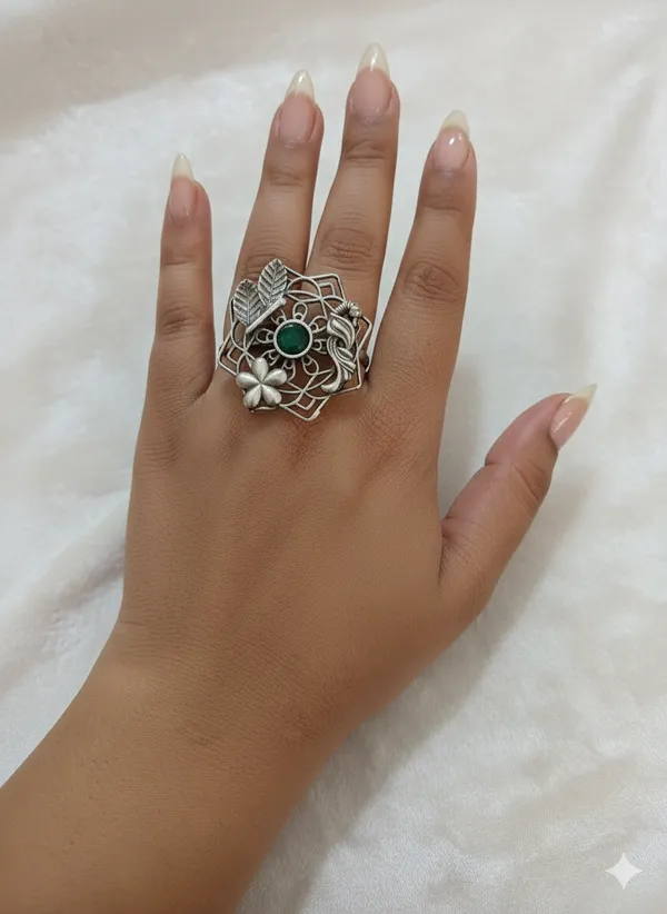Green_And_Silver_Oxidized_Statement_Ring_With_Stone_Ethnic_Floral_Design_For_Women