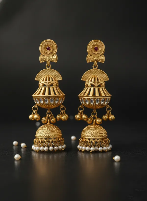 Gold_And_White_Traditional_Toned_Jhumka_Earrings_With_Pearl_Drops_For_Women