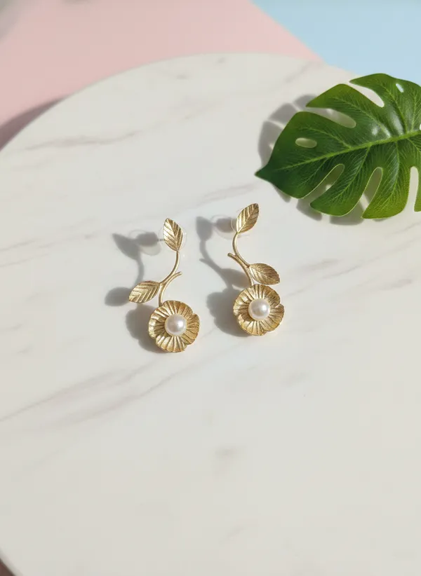 Gold_And_White_Toned_Floral_Pearl_Drop_Earrings_With_Leaf_Design_For_Women