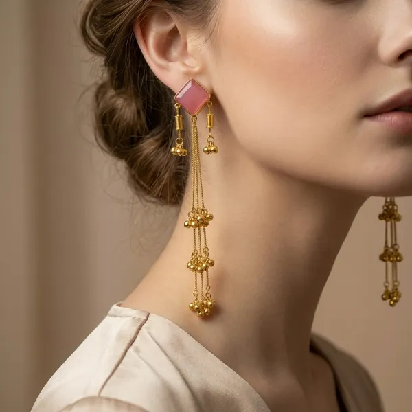 Pink_And_Gold_Plated_Stone_Dangler_Earrings_With_Chain_Drops_Ghungroo_Clusters_For_Women