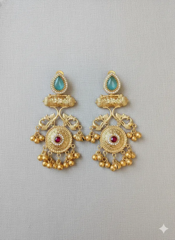 Turquoise_And_Gold_Traditional_Toned_Temple_Earrings_With_Stone_Ghungroo_Danglers_For_Women