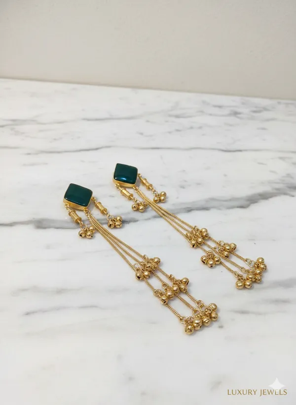 Green_And_Gold_Stone_Drop_Earrings_With_Golden_Chain_Tassels_For_Women