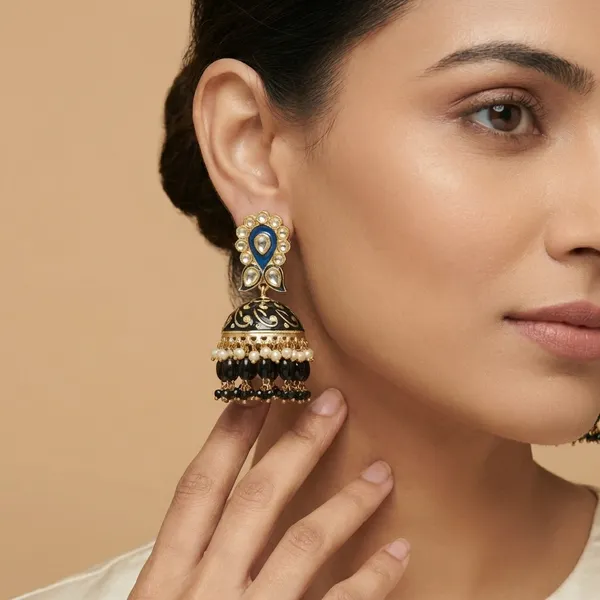 Blue_And_Gold_Traditional_Kundan_Jhumka_Earrings_With_Pearl_Bead_Dangles_For_Women