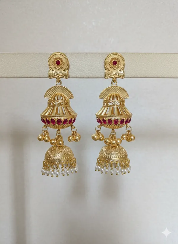 Red_And_Gold_Traditional_Toned_Jhumka_Earrings_With_Stone_Detailing_Pearl_Drops_For_Women