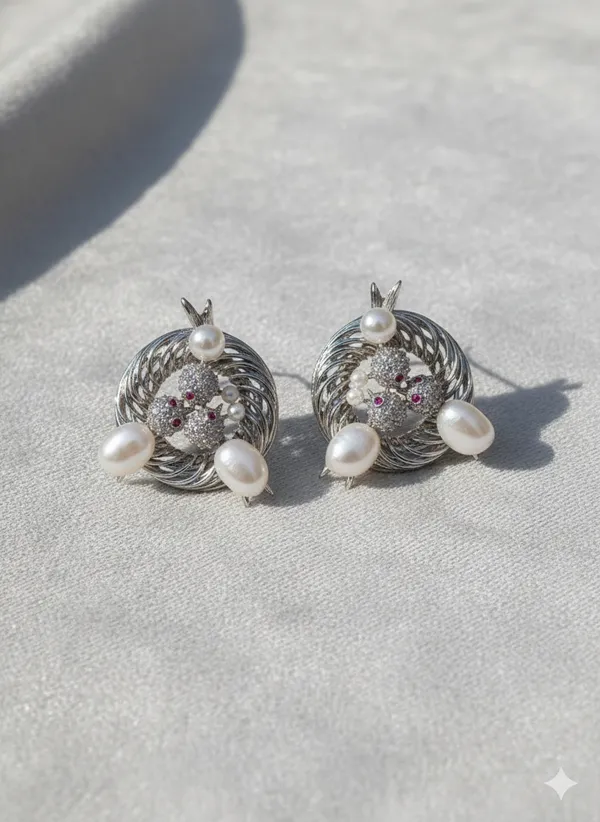 Silver_And_White_Elegant_Pearl_Crystal_Floral_Stud_Earrings_With_Oxidized_Finish_For_Women