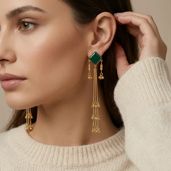 Green_And_Gold_Stone_Drop_Earrings_With_Golden_Chain_Tassels_For_Women