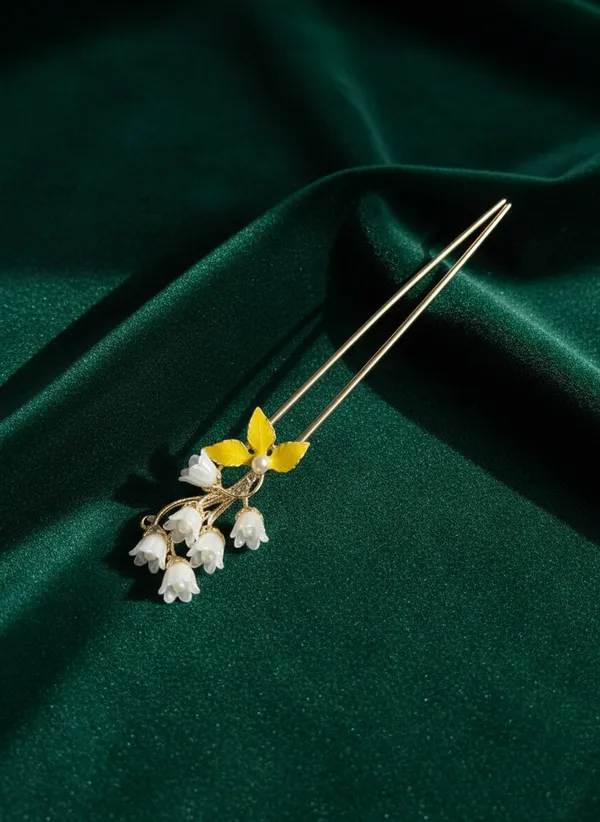 Gold_And_Green_White_Golden_Floral_Hair_Stick_With_Butterfly_Lily_Of_The_Valley_Design_For_Women