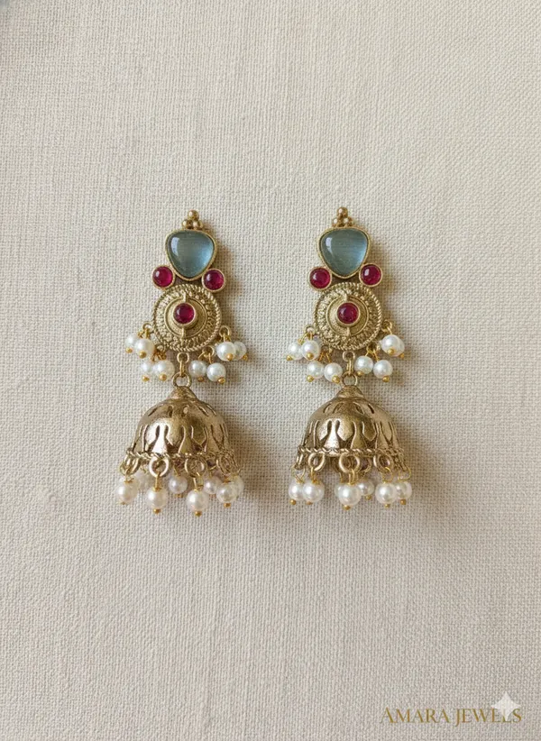 Blue_And_Gold_Traditional_Toned_Jhumka_Earrings_With_Stone_Pearl_Drops_For_Women