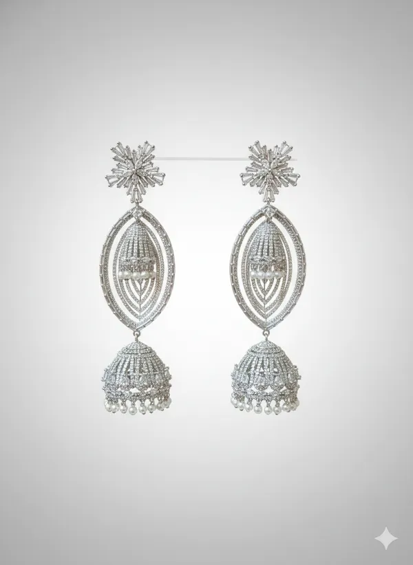 White_And_Gold_Elegant_American_Diamond_Jhumka_Earrings_With_Floral_Stud_Marquise_Drop_For_Women