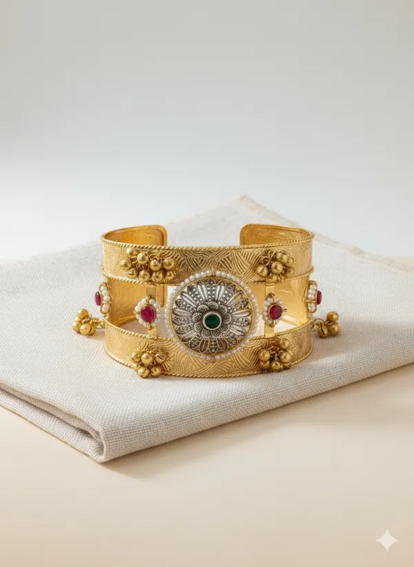 Gold_Traditional_Toned_Cuff_Bracelet_With_Gemstone_Embellishments_For_Women