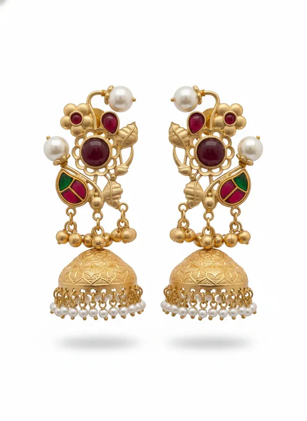 Ruby_And_Gold_Traditional_Plated_Temple_Jhumka_Earrings_With_Pearl_Embellishments_For_Women