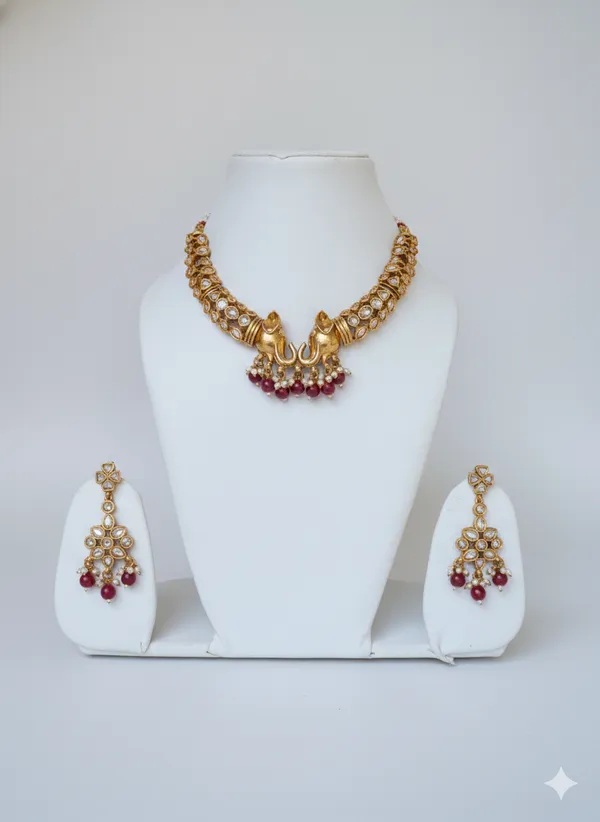 Maroon_And_Gold_Traditional_Toned_Peacock_Necklace_Set_With_Bead_Drops_Matching_Earrings_For_Women