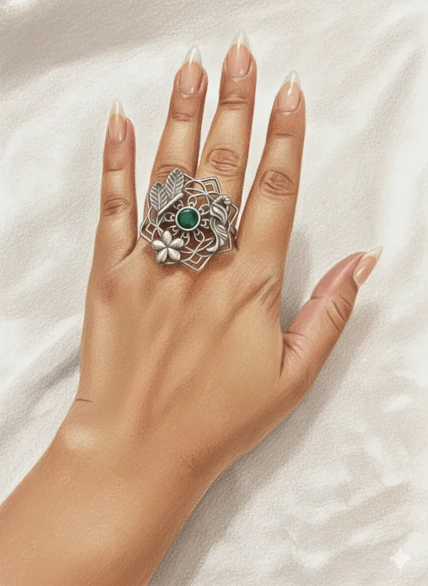 Green_And_Silver_Oxidized_Statement_Ring_With_Stone_Ethnic_Floral_Design_For_Women