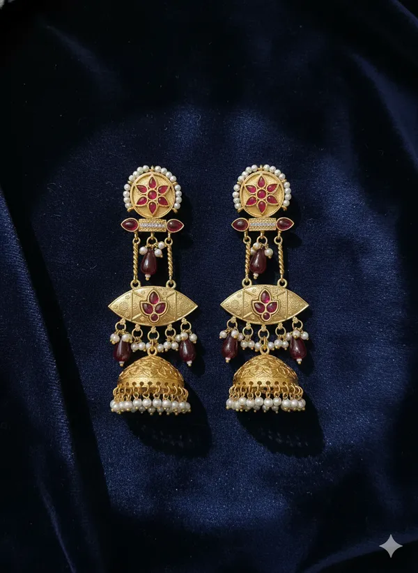 Red_And_Gold_Traditional_Toned_Kundan_Jhumka_Earrings_With_Stones_Pearl_Detailing_For_Women