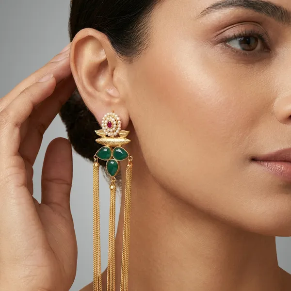 Teal_And_Gold_Handcrafted_Earrings_With_Long_Chain_Tassels_For_Women
