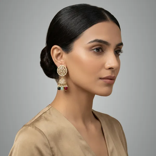 Multicolor_Traditional_Gold_Toned_Jhumka_Earrings_With_Stone_Drops_For_Women