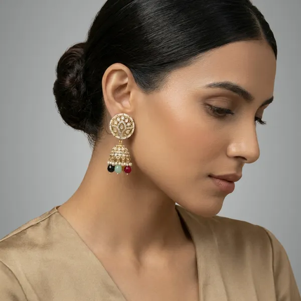 Multicolor_Traditional_Gold_Toned_Jhumka_Earrings_With_Stone_Drops_For_Women