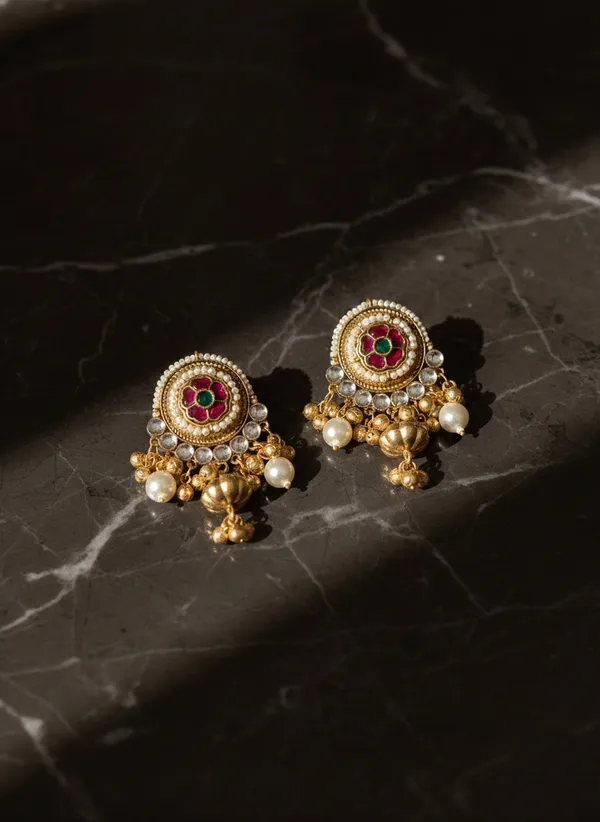Red_And_Green_Gold_Traditional_Toned_Chandbali_Earrings_With_Stones_Pearl_Drops_For_Women