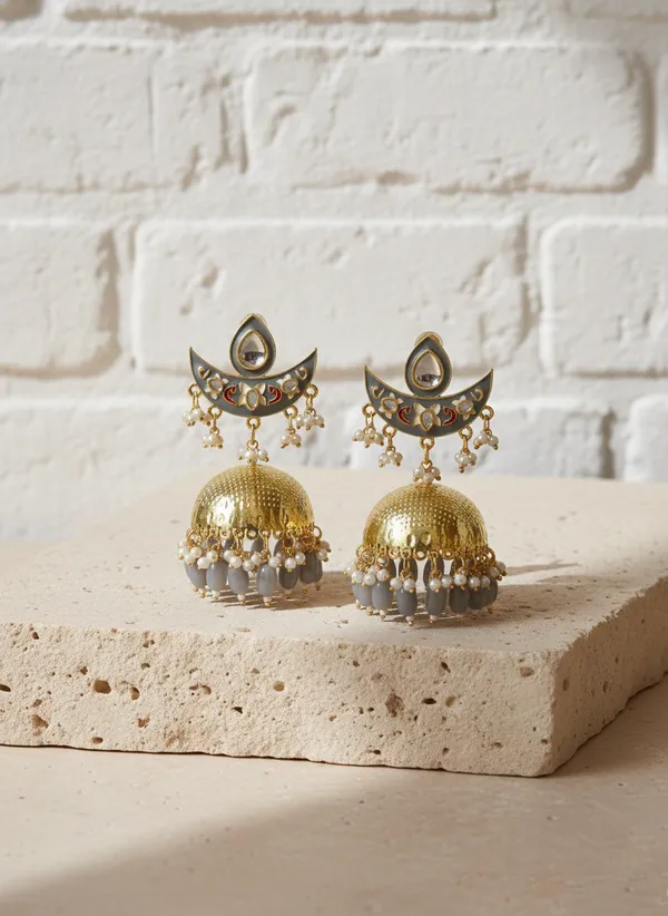 Gold_And_White_Traditional_Toned_Kundan_Jhumka_Earrings_With_Pearl_Bead_Drops_For_Women