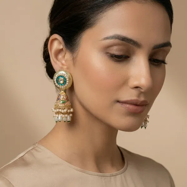Turquoise_And_Gold_Traditional_Toned_Jhumka_Earrings_With_Stone_Pearl_Drops_For_Women