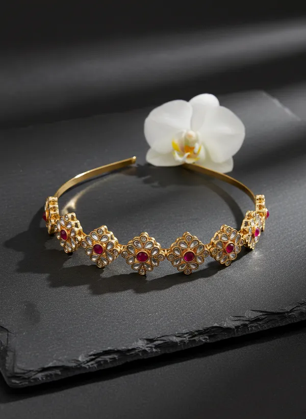 Red_And_Green_Gold_Traditional_Plated_Kundan_Floral_Headband_With_Stone_Accents_For_Women