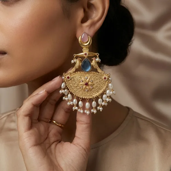 Gold_And_White_Traditional_Toned_Chandbali_Earrings_With_Peacock_Design_Pearl_Drops_For_Women
