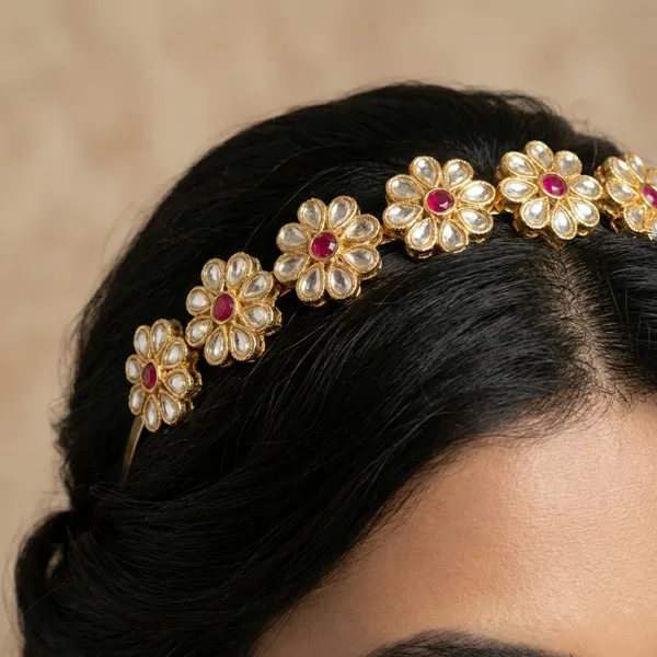 Red_And_Green_Gold_Traditional_Plated_Kundan_Floral_Headband_With_Stone_Accents_For_Women