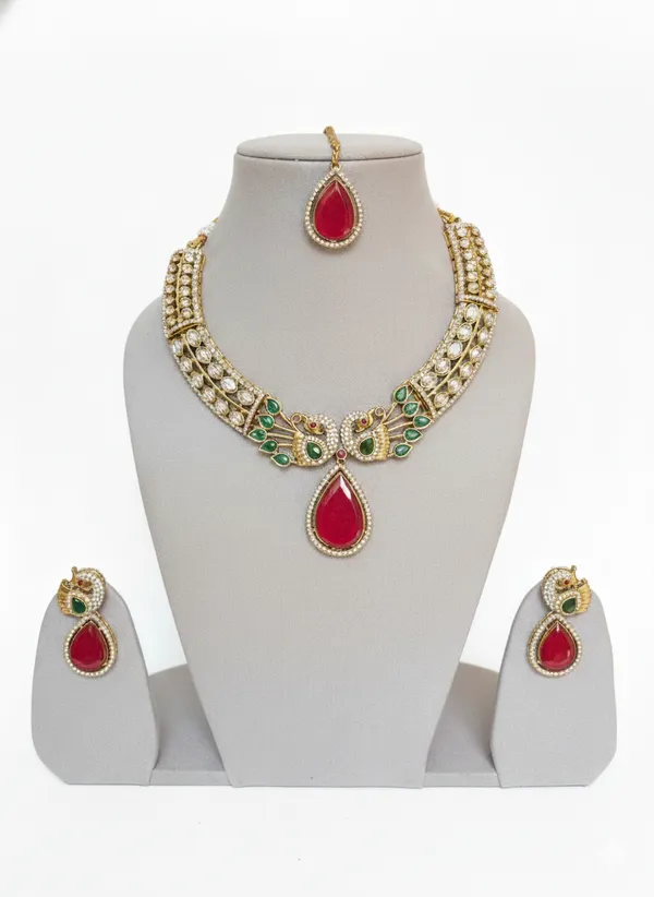 Ruby_And_Gold_Elegant_Kundan_Peacock_Necklace_Set_With_Drops_For_Women