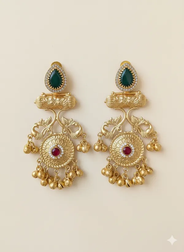 Green_And_Red_Gold_Traditional_Toned_Peacock_Chandbali_Earrings_With_Stones_For_Women