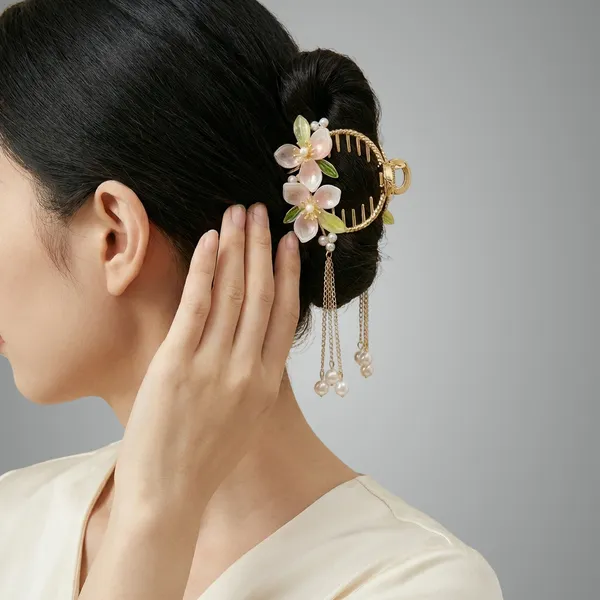 Pink_Floral_Hair_Clip_With_Pearl_Dangles_For_Women