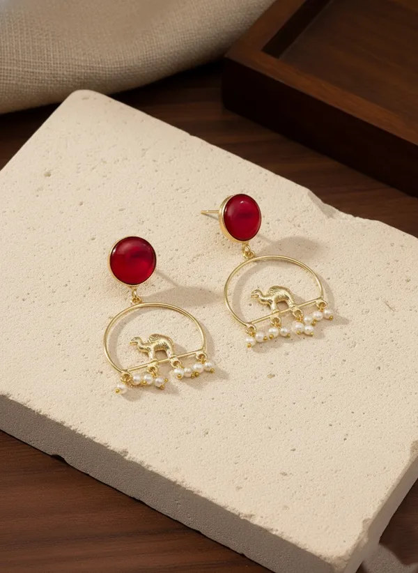 Red_And_Gold_Stone_Elephant_Hoop_Earrings_With_Pearl_Danglers_For_Women