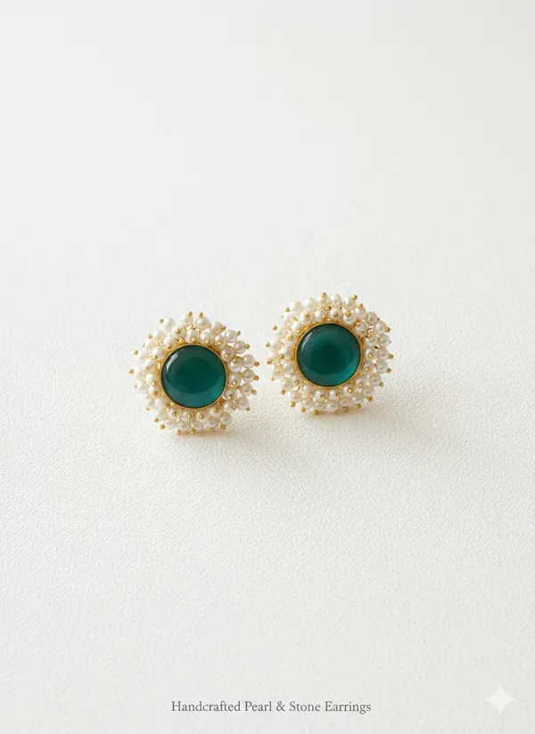 Green_And_White_Handcrafted_Pearl_Stone_Stud_Earrings_For_Women