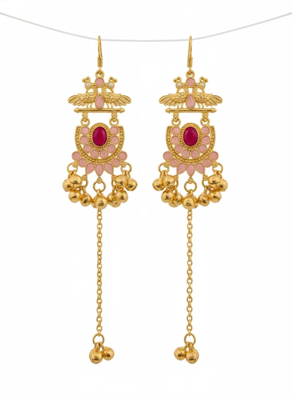Pink_And_Gold_Traditional_Toned_Peacock_Motif_Chandbali_Earrings_With_Stones_Chain_Drops_For_Women