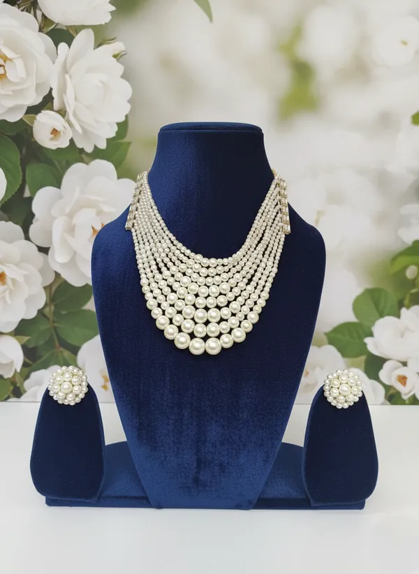 White_And_Gold_Multi_Layered_Pearl_Necklace_Set_With_Matching_Earrings_For_Women