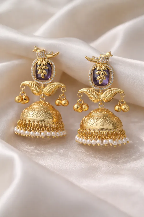 Gold_And_White_Traditional_Toned_Peacock_Jhumka_Earrings_With_Pearl_Drops_For_Women
