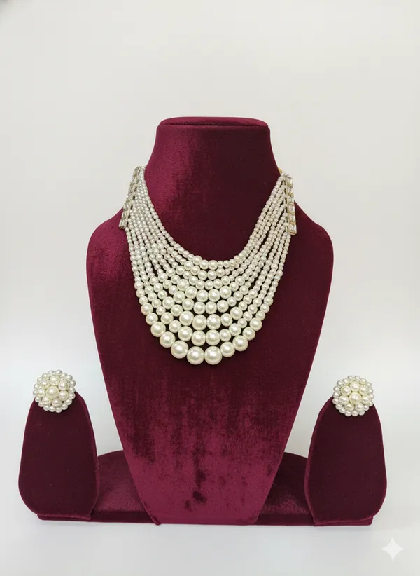 White_And_Gold_Multi_Layered_Pearl_Necklace_Set_With_Matching_Earrings_For_Women