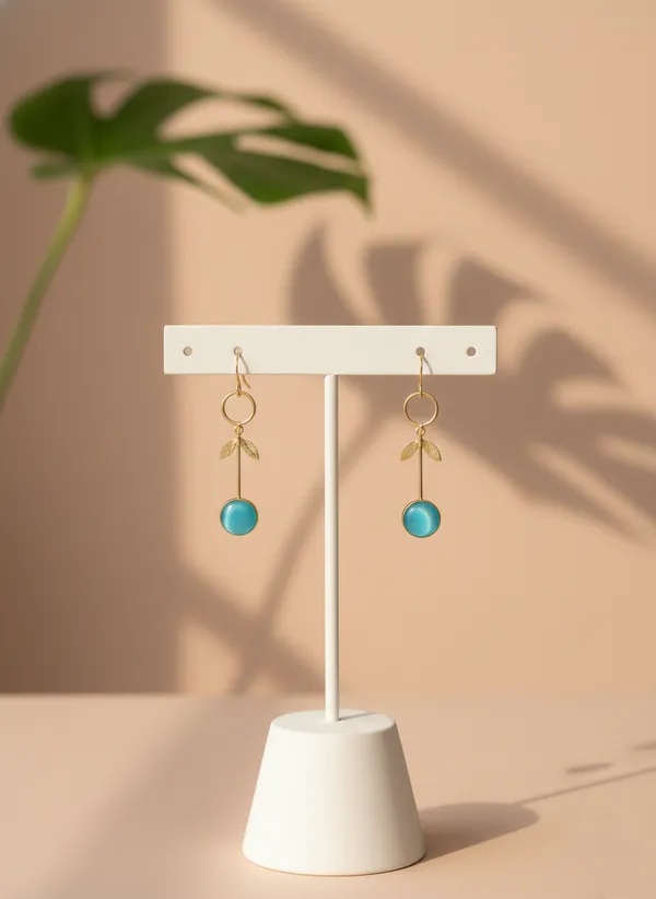 Turquoise_And_Gold_Tone_Dangling_Earrings_With_Stone_Leaf_Design_For_Women