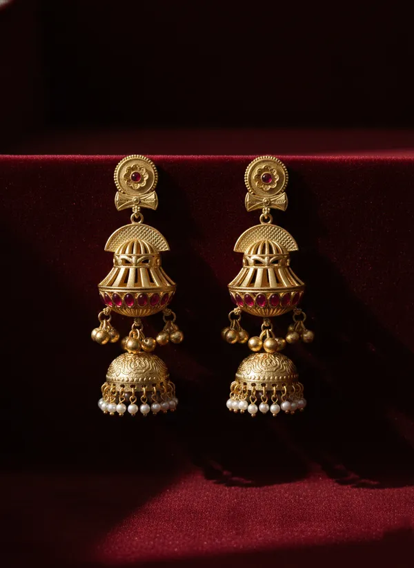 Red_And_Gold_Traditional_Toned_Jhumka_Earrings_With_Stone_Detailing_Pearl_Drops_For_Women