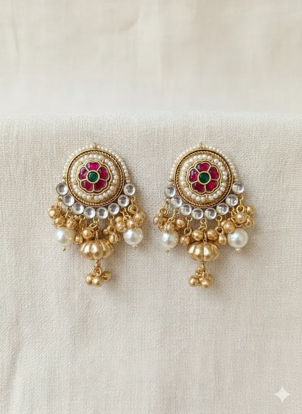 Red_And_Green_Gold_Traditional_Toned_Chandbali_Earrings_With_Stones_Pearl_Drops_For_Women
