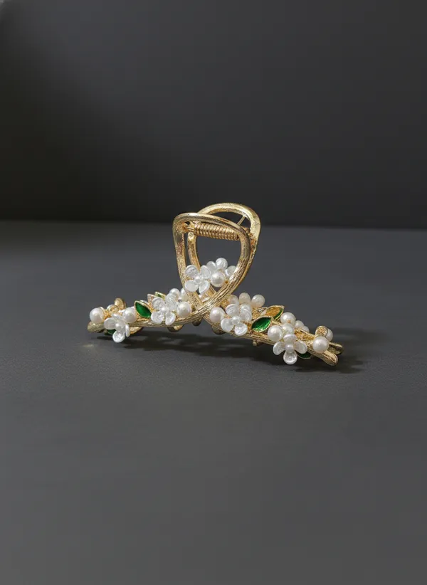 Gold_And_Green_White_Elegant_Toned_Floral_Hair_Claw_Clip_With_Pearl_Stone_Accents_For_Women
