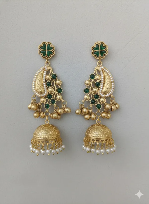 Green_And_Gold_Antique_Plated_Kundan_Jhumka_Earrings_With_Stones_Pearl_Danglers_For_Women