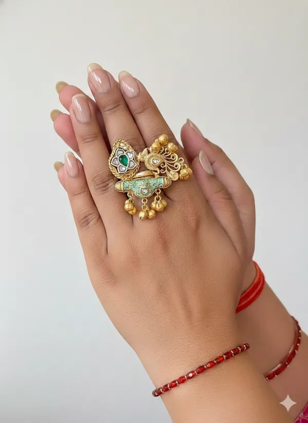Turquoise_And_Gold_Traditional_Toned_Peacock_Motif_Adjustable_Statement_Ring_With_Stones_For_Women