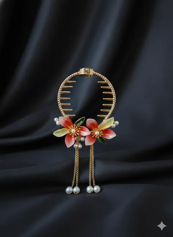 Gold_And_White_Toned_Floral_Hair_Accessory_With_Pearl_Danglers_For_Women