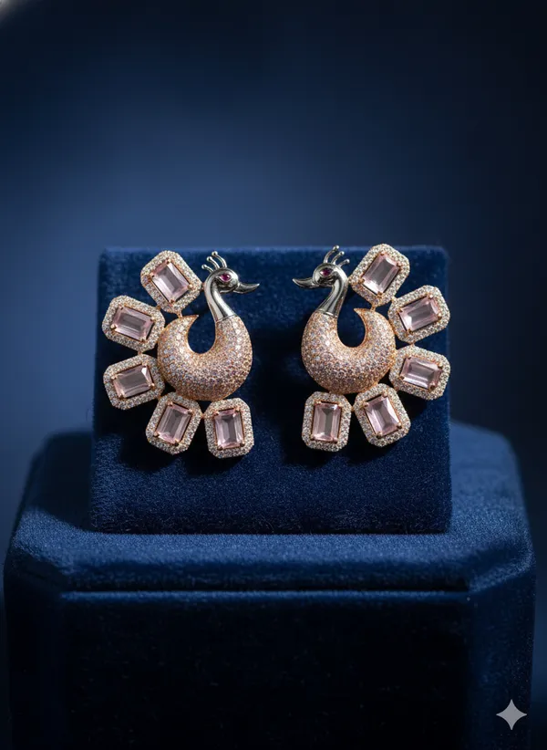 Pink_And_Gold_Elegant_Crystal_Peacock_Stud_Earrings_For_Women