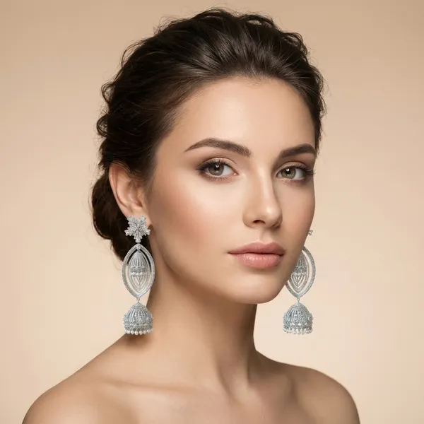 White_And_Gold_Elegant_American_Diamond_Jhumka_Earrings_With_Floral_Stud_Marquise_Drop_For_Women