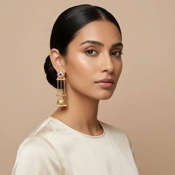 Pink_And_Gold_Floral_Enamel_Jhumka_Earrings_With_Chain_Detailing_For_Women