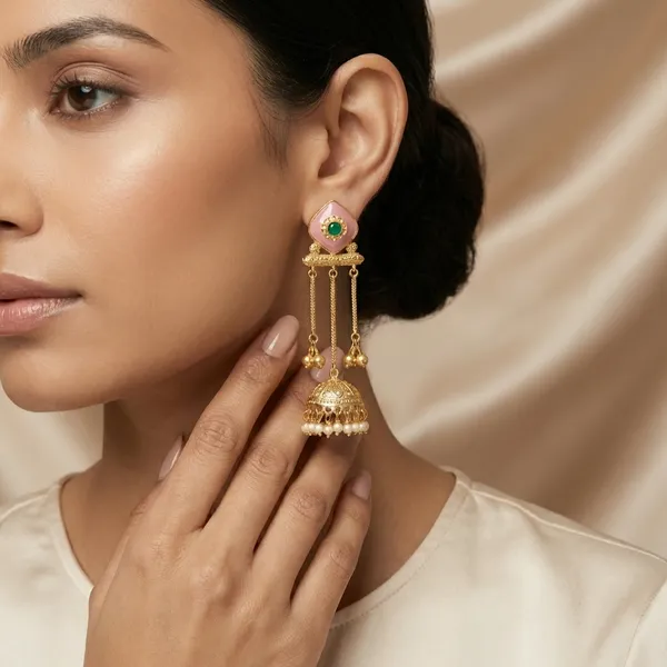 Pink_And_Gold_Floral_Enamel_Jhumka_Earrings_With_Chain_Detailing_For_Women