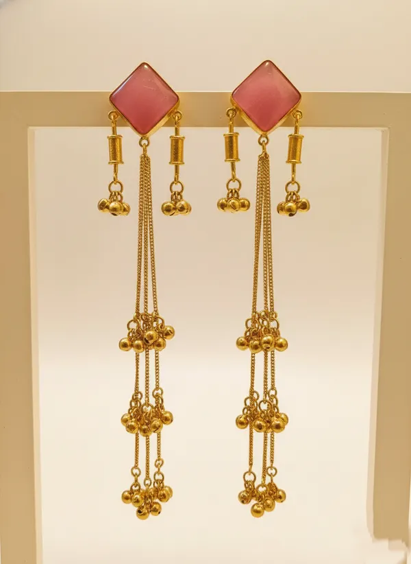 Pink_And_Gold_Plated_Stone_Dangler_Earrings_With_Chain_Drops_Ghungroo_Clusters_For_Women